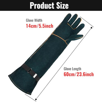 Animal Handling Gloves - 23.6 inch Bite Proof Gloves, Anti Scratch Cowhide Leather for Cat Grooming, Snake Animal Handling - color: Green