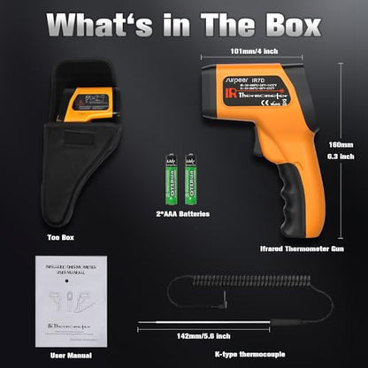 Infrared Thermometer Gun, -58°F to 1472°F for Cooking | K-Type Probe -58°F to 572°F, 12:1 Laser Temperature Gun for Pizza Oven, BBQ, HVAC, Auto, Home & Industrial