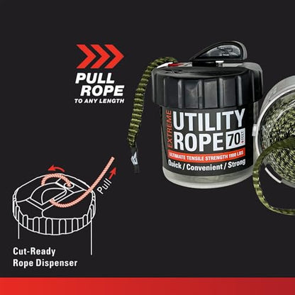 Rapid Rope Canister, 70ft Olive Green Tactical Paracord, 1100lb Test, USA | Heavy Duty Poly Rope Test Cord, Non-Tangle Dispenser Included, For Hiking, Camping, Survival, Utility, Stocking Stuffer, Gift - size: 70ft, style: Olive Green