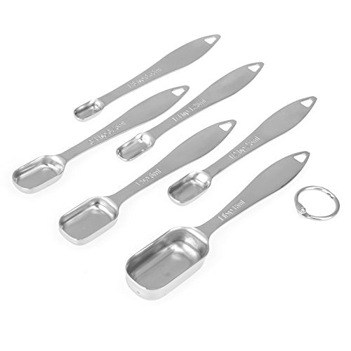 6-Piece 18/8 Stainless Steel Measuring Spoons Set, Silver | Six Engraved US and Metric Sizes From 1/8 TSP to 1 Tbsp Fit Narrow Spice Jars and Stay Together On an O-shaped Ring - color: Silver, size: 6 Piece