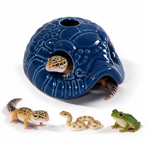 Snake Head Reptile Hide Cave, Blue | Small Ceramic, Gecko Hideout with Water Reservoir, Mini Terrarium Decor, For Juvenile Snake, Lizard, Frog - color: Blue