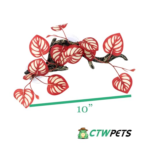 Reptile Climbing Vine 2-Pack – Resin Driftwood with Suction Cups & Bendy Ivy (Medium-Large 10") for Terrariums, Geckos, Lizards, Snakes, and Reptile Habitats (Crimson Vein) - color: Crimson Vein