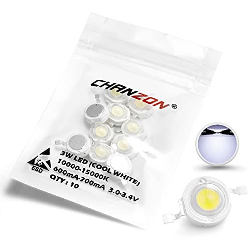 CHANZON 10 pcs High Power Led Chip 3W Cool White 10000k - 15000K | (600mA- 700mA / DC 3V - 3.4V / 3 Watt) Super Bright Intensity SMD COB Light Emitter Components Diode Bulb Bead DIY Lighting - color: D) Cool-white (10000k)
