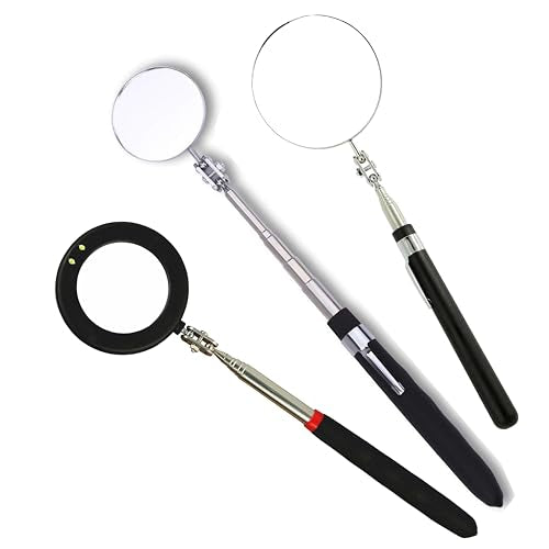 3pcs Telescoping Inspection Circular Mirror with 2 LED Inspection Mirror Mirror on a Stick extendable Mirror Automotive Mirror Large Inspection Mirror 360 Mirror - size: 3 round mirrors