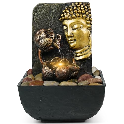 FerrisIsland Desktop with LED Light Buddha Lotus Resin Fountain (Gold) | FerrisIsland desktop with LED light Buddha lotus resin fountain suitable for Zen home and office desktop decoration (gold) - color: Lotus Buddha Statue