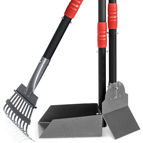 Dog Pooper Scooper, Dog Poop Tray and Rake Set with Long Stainless Handles | Pet Waste Removal Scoop with Adjustable Sectional Handles - color: Black/Red