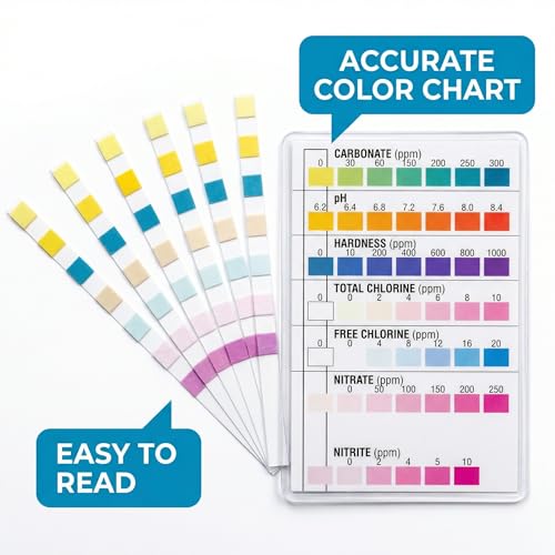7-in-1 Pond & Fish Tank Test Strips - 50 Count | Fast 30s Water Test Kit for Carbonate, pH, Hardness, Chlorine, Nitrate, Nitrite | Freshwater & Saltwater Aquariums