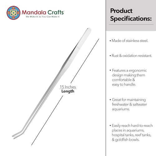 Mandala Crafts Stainless Steel 15 in Curved Fish Tanks Aquarium Tweezers | 15 Inch Forceps, Rust Resistant Stainless Steel, Trimming Aquatic Plants, Bowls, Terrariums, Freshwater & Saltwater Aquascape - color: Stainless Steel Curved Tweezers, size: 15 Inc