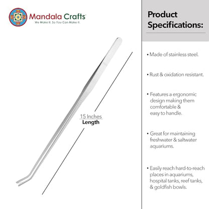 Mandala Crafts Stainless Steel 15 in Curved Fish Tanks Aquarium Tweezers | 15 Inch Forceps, Rust Resistant Stainless Steel, Trimming Aquatic Plants, Bowls, Terrariums, Freshwater & Saltwater Aquascape - color: Stainless Steel Curved Tweezers, size: 15 Inc