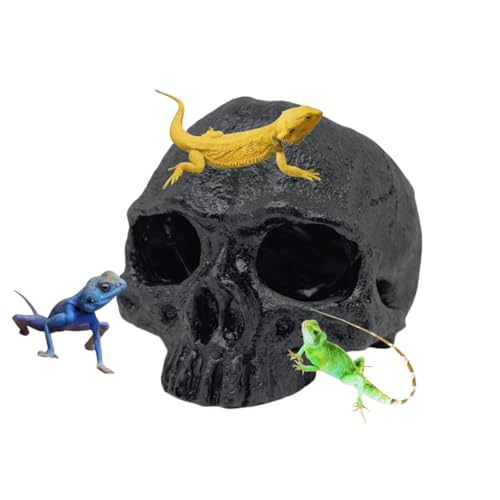 Aquarium Terrarium Skull Decor, Reptile Hide House Shelter Cave for Geckos Spider Lizard Snake, Fish Tank Hide Cave House Hideouts Stones for Small Fish Shrimp Betta Crab Guppy Cichlids (Black)