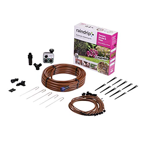 Raindrip SDFSTH1P Automatic Drip Irrigation Watering Kit with Timer for Flowers, Shrubs, and Trees, Waters up to 10 Plants, Includes Timer with Customizable Settings, 2 GPH Drippers - color: Timer, style: Flowers, Shrubs & Trees