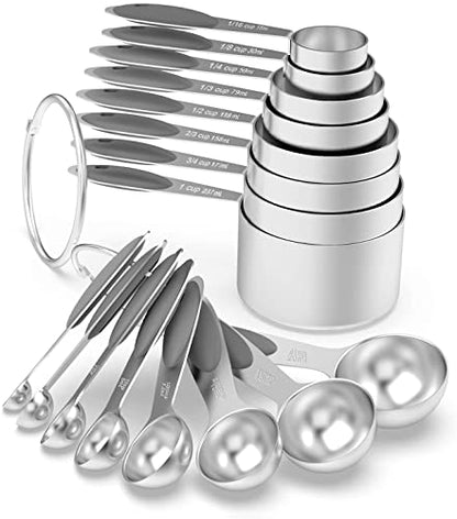 Wildone Stainless Measuring Cups and Spoons Set with Silicone Handle, 16pcs | 8 Measuring Cups and 8 Measuring Spoons, Nesting Design, Heavy Duty for Measuring Dry/Liquid Ingredients, Gray - color: Gray