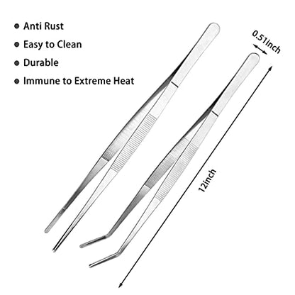Kitchen Long Tweezers Set, LEEFONE 2 PCS 12 Inch Stainless Steel Food Tweezers with Precision Serrated Tips for Cooking & Baking (Straight + Curved)