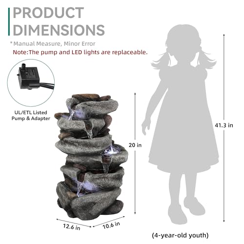 20" H Rock Outdoor Water Fountain with LED Lights | Unique 5-Tier Cascading Waterfall for Garden Patio Yard, Weather-Resistant Polyresin Water Feature for Tranquil Zen Oasis - color: 20"h-rock Gray
