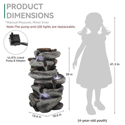 20" H Rock Outdoor Water Fountain with LED Lights | Unique 5-Tier Cascading Waterfall for Garden Patio Yard, Weather-Resistant Polyresin Water Feature for Tranquil Zen Oasis - color: 20"h-rock Gray