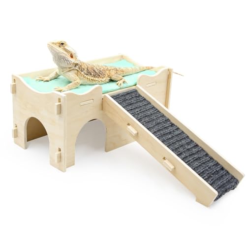 Bearded Dragon Tank Accessories, Wooden Assembled Hide Cave with Ramp and Mat, Reptile & Amphibian Habitat Hideouts for Gecko, Bearded Dragon and Other Small Reptile