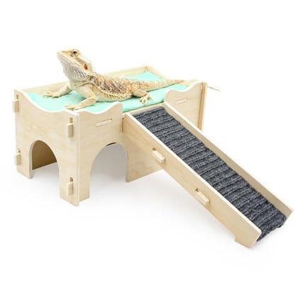 Bearded Dragon Tank Accessories, Wooden Assembled Hide Cave with Ramp and Mat, Reptile & Amphibian Habitat Hideouts for Gecko, Bearded Dragon and Other Small Reptile