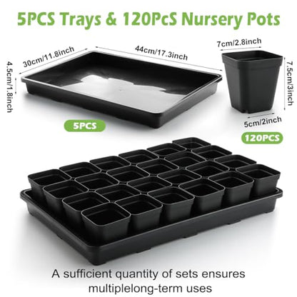 RooTrimmer 2.8 inch (7CM) Square Nursery Pots 120pcs with 5 Pack Seed Starter Trays, Durable Plastic Flat Seedling Tray (17"x11"x2") for Carrying and Holding Plant Nursery Pot (Black) - size: 2.8" Pots-120P + 17.3" x 11.8" x 1.8" Trays-5P