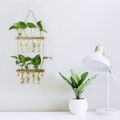 Hyindoor Wall Hanging Planter Terrarium 2 Tired Test Tube Vase Glass Planter Plant Propagation Station Plant Hangers of Rope with Wooden Stand and 8 Tubes for Hydroponic Plant Cutting - size: Small-8 Tubes