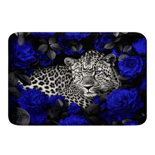Erosebridal 3D Cheetah Bath Mat Blue Rose Leopard Print Bath Rugs for Women Romantic Flowers Area Rug African Safari Animals Living Room Rugs Animal Hide Spot Wild Safari Theme Shower Mat 20"x32" - color: Multi 07, size: 1'8" x 2'8" (Rectangular)