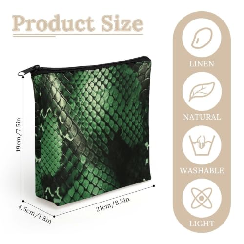 Green Snakeskin Makeup Bag Cosmetic Bags Toiletry Bag | Linen Travel Cosmetic Bag Portable Makeup Zipper Pouch Lightweight Toiletry Organizer Bag for Women Daily Use Travel