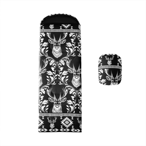 Erosebridal Longhorn Cow Skull Gothic Witchy Damask Sleeping Bag for Kids Camping Blanket for Hiking Travel Hunting Sleep Bag - color: Black and White Rustic Deer