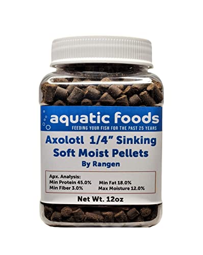 Axolotl Food, 1/4" Soft Moist Sinking Pellets, Rangen's Salmon Meal Pellets for Adult Axolotl. Also Shrimp, Snails, Crabs, Bottom Fish, All Tropical Fish...12oz Small Jar