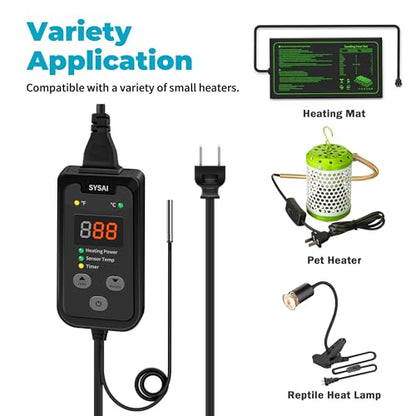 SYSAI Temperature Controller for Reptile Tank, Heat Mat, Seed Germination, Greenhouse, Brooder, Home Brewing, 100W-1A, Digital Thermostat, °F/°C Display, 60-94°F