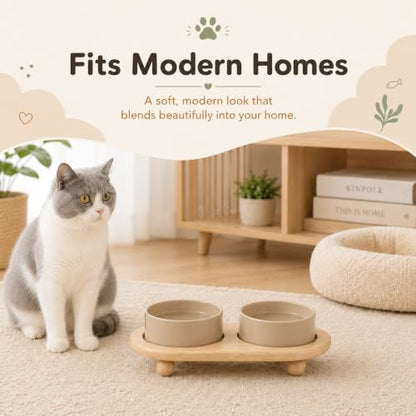 Havniva Raised Cat Bowl 5.1” Elevated Ceramic Cat Food and Water Bowl Set | Cat Bowls Elevated, Whisker Friendly Cat Bowl, Non-Slip Wood Stand, Food-Grade Ceramic, Wide Opening, Dishwasher Safe - color: Greige, size: 2 Bowls+Tray - 5.1"