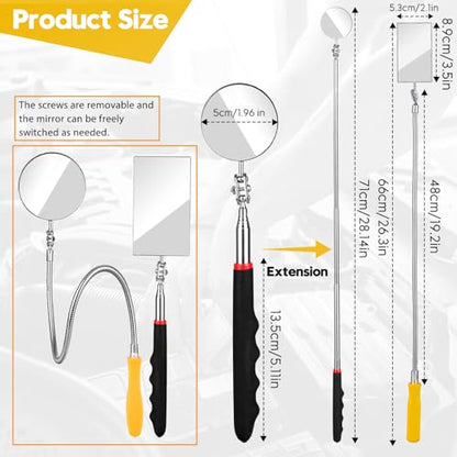 Telescoping & Bendable Inspection Mirror – Round & Square Heads, Black/Yellow | 360° Swivel Neck, Telescoping & Bendable Handles, Metal & Glass Build, for Dead Angles & Tight Spots - color: Yellow/Black