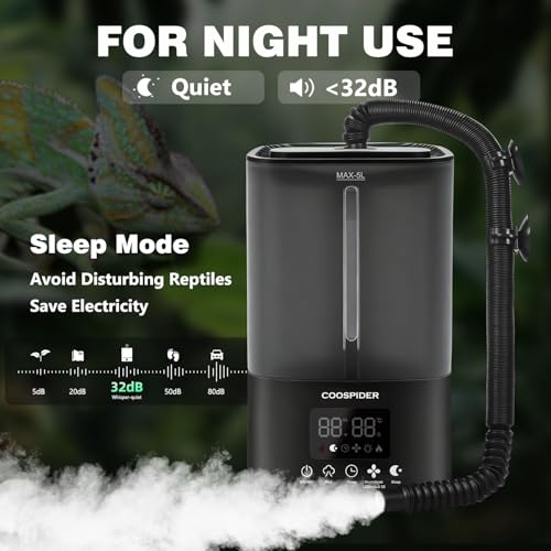 Coospider Reptile Fogger Humidifier, Automatic Humidifiers for Reptiles Tank, Terrarium Humidifiers with Dual Hose Timer Humidity Control, Reptile Mister for Amphibians Herps Vivarium (5L/1.32Gallon) - size: 5L/1.32Gallon-Dual-UP