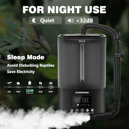 Coospider Reptile Fogger Humidifier, Automatic Humidifiers for Reptiles Tank, Terrarium Humidifiers with Dual Hose Timer Humidity Control, Reptile Mister for Amphibians Herps Vivarium (5L/1.32Gallon) - size: 5L/1.32Gallon-Dual-UP