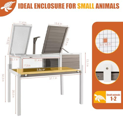 Ketive Tortoise Habitat Large Wooden Tortoise Enclosure Habitat with No-Leaking Tray Indoor & Outdoor, Reptile Cage for Small Animals TOR03-Grey