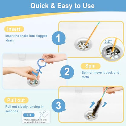 50 Inch Drain Snake, Reusable Hair Drain Clog Remover Tool, 3 Pack | Anti-break Metal Core Shower Snake, Upgraded Nylon Hook Tip, Extended Length for Bathtub, Bathroom Sink, and Pipe Cleaning.