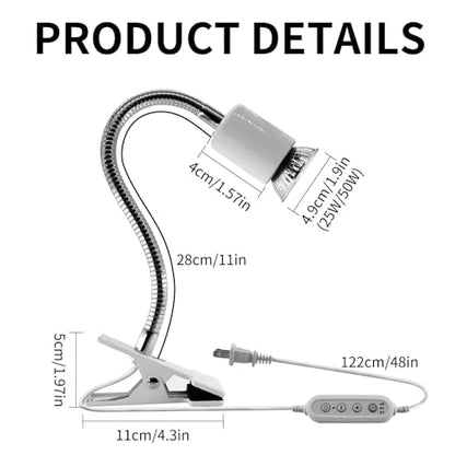 Reptile Heat Lamp,UVA UVB Reptile Light with 360°Rotatable Hose and Timed with 2 Bulbs(25W,50W),Basking Calcium Light Heat Lamp Bulbs for Turtle,Bearded Dragon,Lizard,Snake Tank(White) - color: White