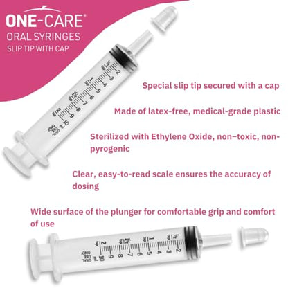 ONE-CARE 10ml Oral Syringe with Cap, Slip Tip Liquid Dispensers, 100/Box | Individually Wrapped, Food-Grade Plastic, Accurate Graduation for Precise Liquid Dosing, Oral Feed - Infants, Adults & Pets - size: 10 ml Black Scale