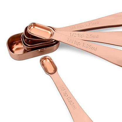 6-Piece 18/8 Stainless Steel Measuring Spoons Set, Rose Gold | Six Engraved US and Metric Sizes From 1/8 TSP to 1 Tbsp Fit Narrow Spice Jars and Stay Together On an O-shaped Ring - color: Rose Gold, size: 6 Piece