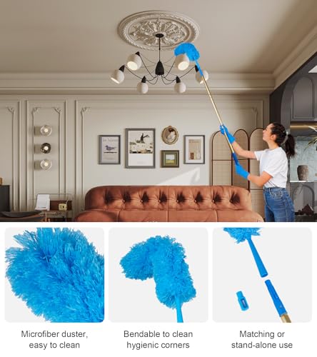2 in 1 Window Squeegee Cleaning Kit with Aluminum Alloy Extension Poles, Scrubber, Glass Scrapper, Bendable Duster,2 Scrubber Cloth for Window, Car, Floor, Home, Garden - color: Gold