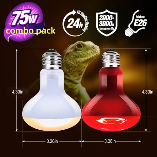 Leoterra 75w Heat Lamp Bulbs Day and Night Heat Lamp Bulbs Combo Pack, Dimmable Heat lamp for Reptiles, E26 Base,Easy to Install,Long-Lasting Reptile Heating Bulb - style: H8075 Combo Pack