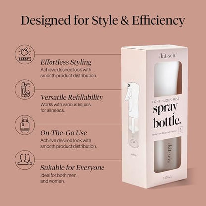Kitsch Continuous Spray Bottle for Hair – White, 150ml | Fine Mister Spray Bottle & Water Spray Bottle – Recycled Hair Spray Bottle – Spray Bottles for Cleaning, Styling, & More - color: White