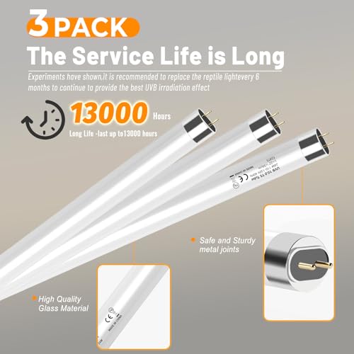 3 Pack T5 10.0 UVB Reptile Light Bulbs 8W 12" – UVA UVB Light Tube for Bearded Dragons, Turtles, Chameleons, Lizards, and Amphibians – Reptile UVB Bulbs for Desert & Tropical Habitats - color: Bulb White, size: 8W 12 Inch