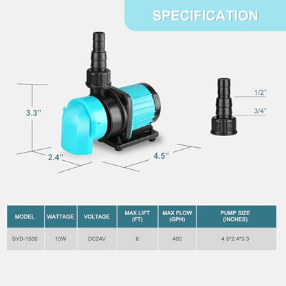 400GPH Aquarium Return pump with LCD display controller, 15W DC 24V aquarium pump for saltwater freshwater aquarium,fish tank,sump,20 speeds ECO Quiet Submersible and inline pump - style: 400GPH,15W