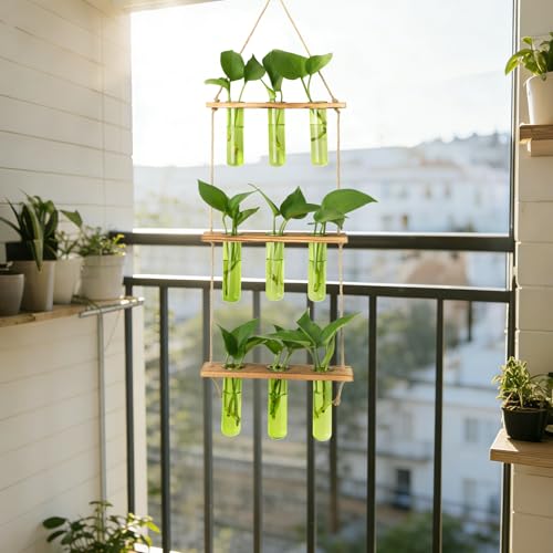 XXXFLOWER Wall Hanging Propagation Station with Wooden Stand Green | 9 Test Tubes Vases Terrarium Kit, Hanging Planters for Indoor Plants, Wall Decor for Living Room Office - size: Green-9 Tube Vase