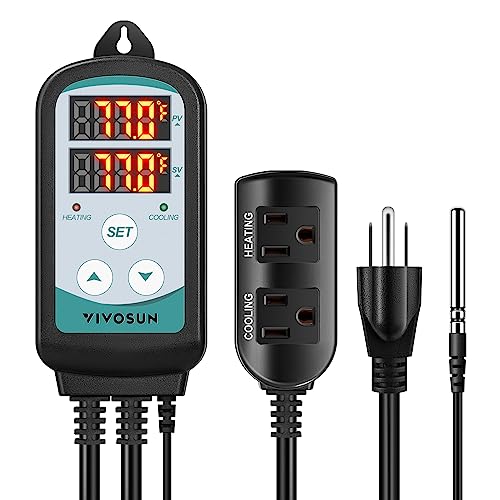 VIVOSUN 1500W Digital Temperature Controller, 2-Stage Outlet Thermostat Heating and Cooling Mode, Thermostat with Dual LED Display, for Homebrew Fermenter Greenhouse Terrarium, 110-240V 20A 1500W