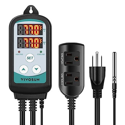 VIVOSUN 1500W Digital Temperature Controller, 2-Stage Outlet Thermostat Heating and Cooling Mode, Thermostat with Dual LED Display, for Homebrew Fermenter Greenhouse Terrarium, 110-240V 20A 1500W