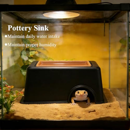 Hypeety Reptile Hide Box Small Animal Hide Cave for Snakes Lizards Geckos | Smooth surface, with pottery sink, maintain humidity, helps peeling, hollow design at the top, easy to clean, balck, 3-in-1