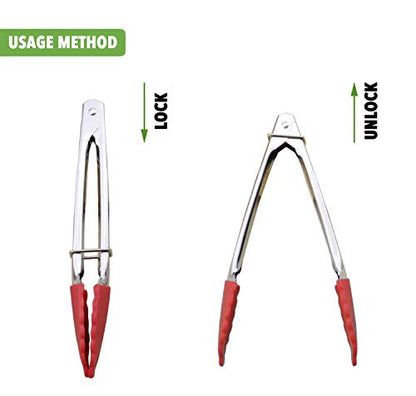 HINMAY 7-Inch Mini Tongs with Silicone Tips, Set of 3 (Green Red Blue) | 7-Inch Serving Tongs - color: Red Blue Green