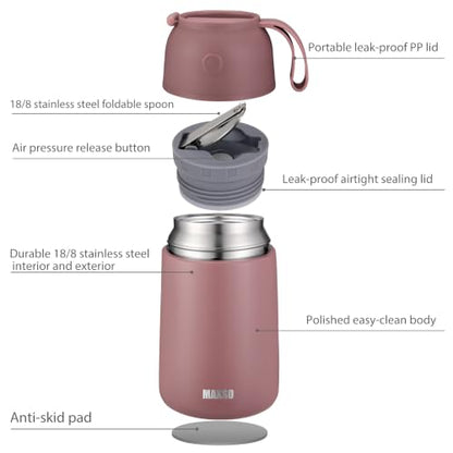 MAXSO 2 Pack Soup Thermo for Hot & Cold Food for Kids Adults, Vacuum Insulated Food Jar Thermal Lunch Containers, Travel Food Flask with Spoon (24 oz,17 oz) (Dusty Rose) - color: Dusty Rose
