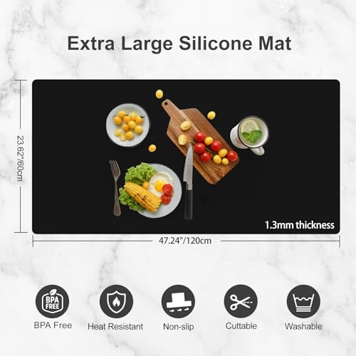 Silicone Mats for Kitchen Counter, Treerit 47.24"x 23.62" Extra Large Silicone Mat, Non-slip Heat Resistant Kitchen Counter Mat, Quartz Countertop Protector, Shipped Rolled Up, No Creases, Black - color: Black
