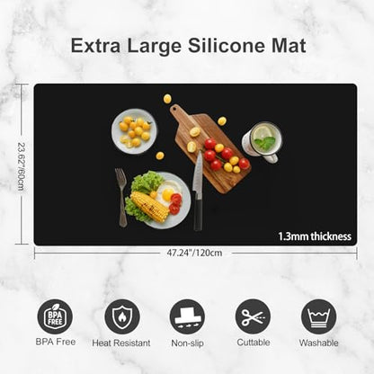 Silicone Mats for Kitchen Counter, Treerit 47.24"x 23.62" Extra Large Silicone Mat, Non-slip Heat Resistant Kitchen Counter Mat, Quartz Countertop Protector, Shipped Rolled Up, No Creases, Black - color: Black